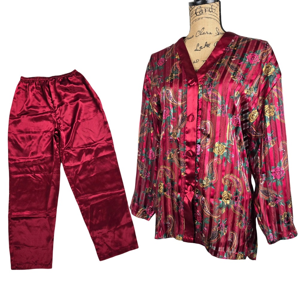 Vintage Victorias Secret Gold Label Pajama Set Burgundy Paisley Floral Satin S